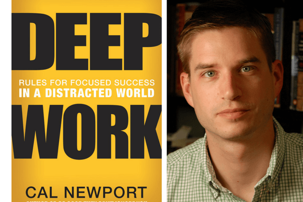 Collage of cover of Newport book Deep Work and photo of Cal Newport